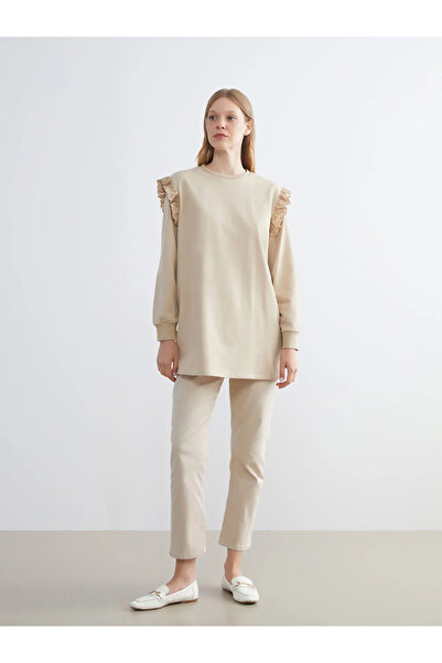 LC Waikiki Lcw eco beige crew neck ruffle women's sweatshirt tunic