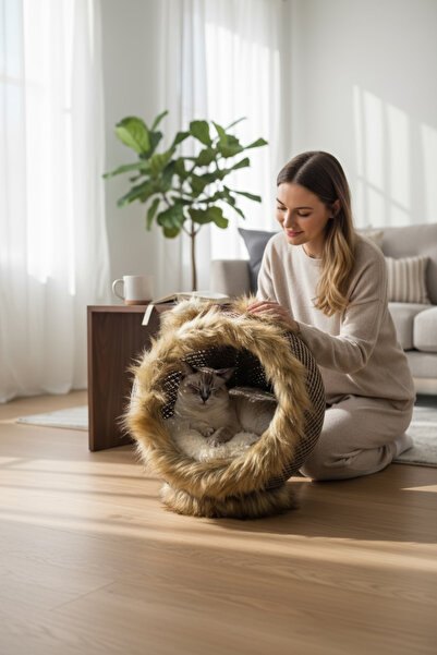 EVSTYLE PELUŞ YATAKLI KEDİ EVİ - KIRMIZI