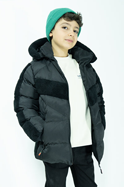 THE ARSLAN rkek Çocuk Şişme İçi Peluş Kürk Çıkarılabilen Kapüşonlu Siyah Çocu...