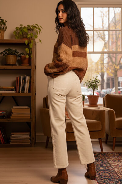 Pissos Women's Beige Wide Leg Trendy Velvet Trousers