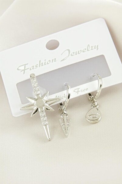 ZERO LAND Nrzsnt 3 Pieces Star Zircon Stone (00906) Earrings-Silver Color