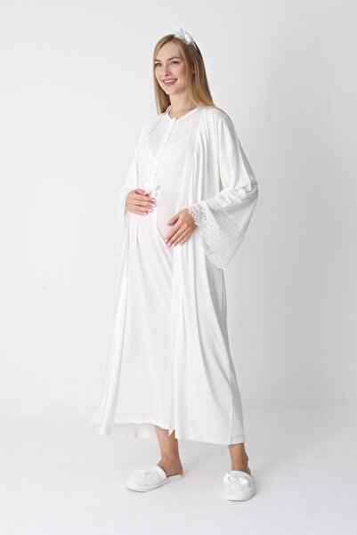 BLACKMORE Women's Ecru Special Sleeve and Collar Lace Design Maternity Nightgown Dressing Gown Set