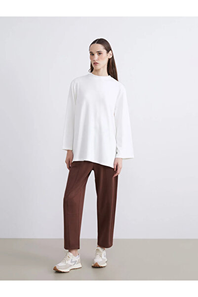 LC Waikiki Lcw Modest Ecru Crew Neck Oversized Women's Sweatshirt Tunic