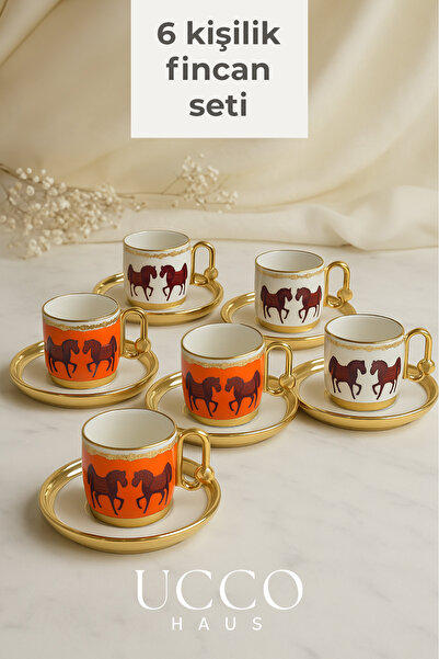 UCCO Gold Gilded 6-Piece 80 ml Porcelain Coffee Cup Set – Horse Motif Premium Series - Espresso Cup