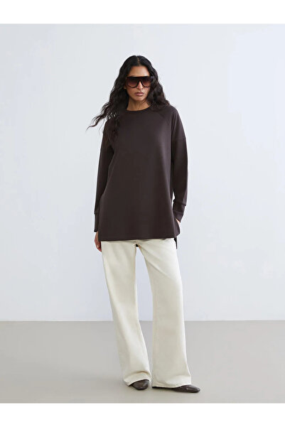 LC Waikiki Lcw Modest Brown Crew Neck Oversize Women's Sweatshirt Tunic