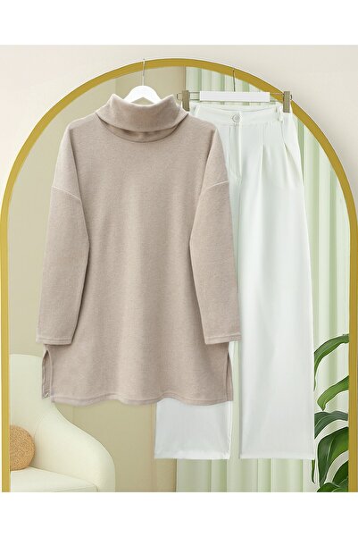 Modamorfo Turtleneck Slit Ribbed Knit Tunic -Stone