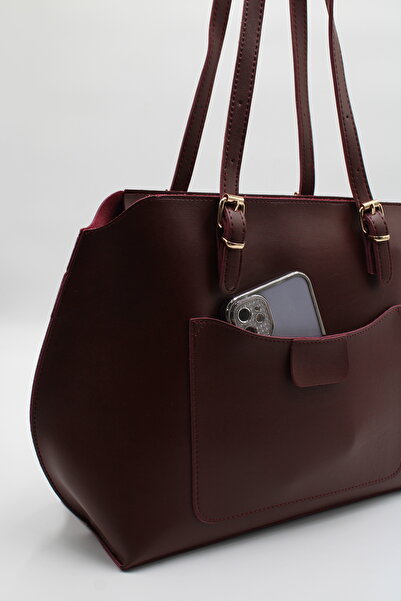 LASSO Women's Burgundy Large Size Hand, Arm and Shoulder Bag with Front Pocket and Adjustable Strap