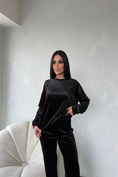 LİLA İSTANBUL Crew Neck Double Velvet Suit Black Color