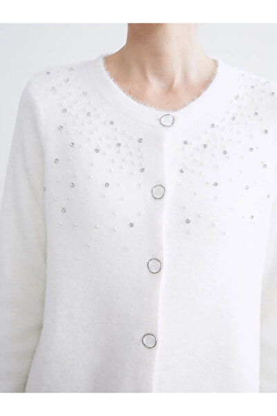 LC Waikiki Lcwaikiki classic ecru crew neck embellished women's knit cardigan