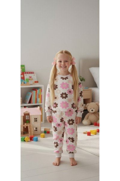 Arya Nisa Kids Girl's Fleece-Lined Cotton Cream Color Pink Daisy Printed Pajama Set
