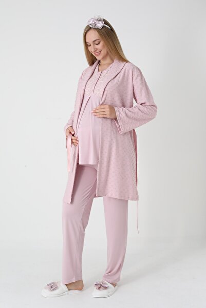 BLACKMORE Women's Powder Shawl Collar Jacquard Long Sleeve Winter Maternity Pajama Set with Dressing Gown