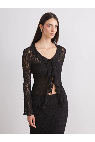 LC Waikiki Soulife Black Lace-Up Collar Lace-Like Knit Lace Women's Cardigan