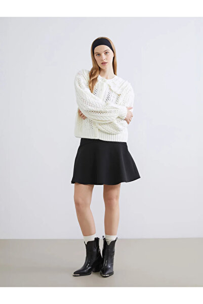 LC Waikiki Xside ecru Peter Pan collar Lace-Like Knit women's knit cardigan