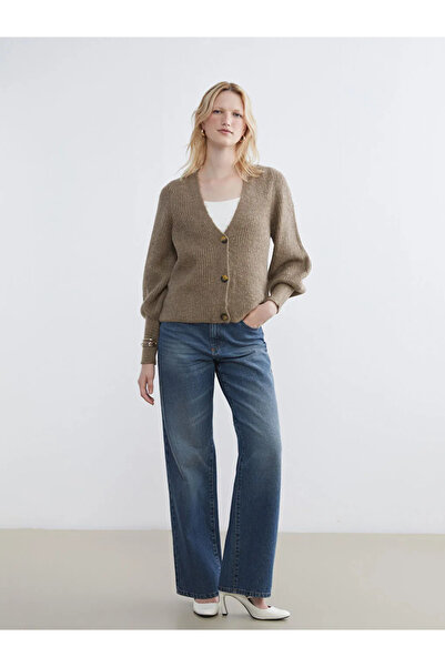 LC Waikiki Lcw Comfort Brown V-Neck Balloon Sleeve Women's Knitwear Cardigan