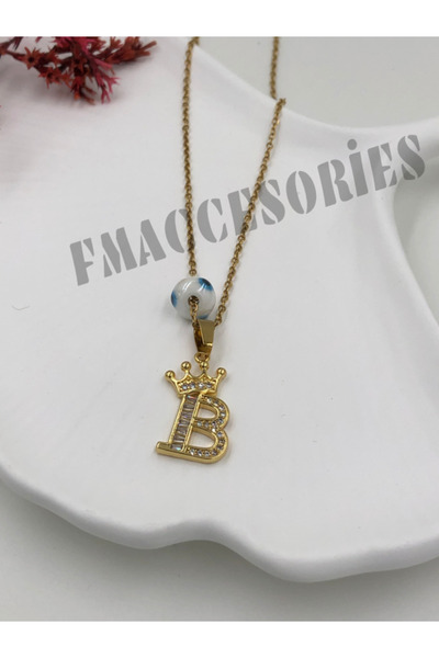 fmaccesories B Harfli Çelik Kolye 14K Gold Renk Kral-Kraliçe Taçlı 45Cm Antia...