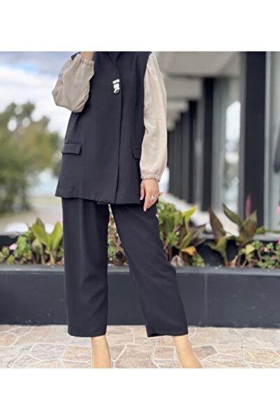 Tığ Triko Crochet - Knitwear Single Button Vest Trouser Set Tkm-5033