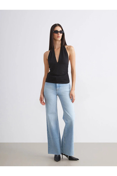 LC Waikiki Soulife Black Halter Neck Gathered Blouse