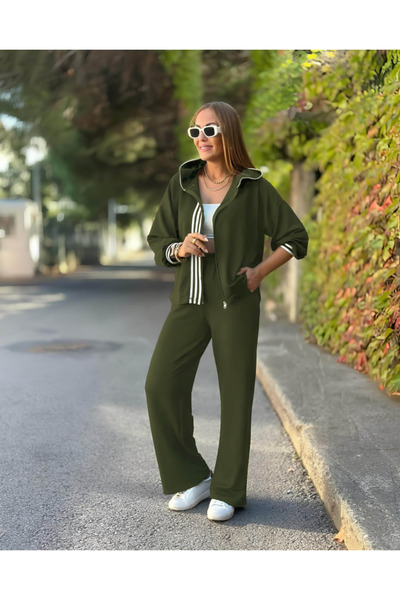 ALPACO Γυναικείο μακρυμάνικο με κουκούλα με φερμουάρ ριγέ βισκόζη με δύο κλωστές μπλούζα και παντελόνι σε δύο τεμάχια