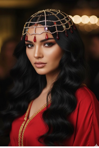 CAŞ DEKORASYON إكسسوار شعر ذهبي اللون مع حجر أحمر، إكسسوار حناء