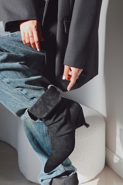 POLKA STORE Slouchy Sivri Burun Kitten Topuklu Kadın Bot Bootie