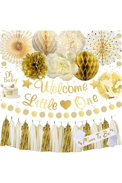 LANLONG Set de decorațiuni pentru petrecere Baby Shower, bej, auriu, peste 50...