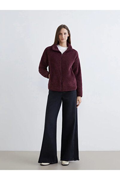 LC Waikiki LCWAIKIKI Basic Mürdüm Dik Yaka Kadın Pelüş Hırka