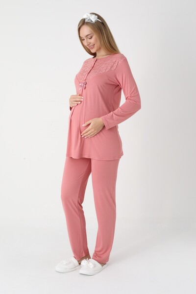 BLACKMORE Women's Salmon Special Lace Detailed Winter Maternity Pajama Set with Dressing Gown 3-Piece Set