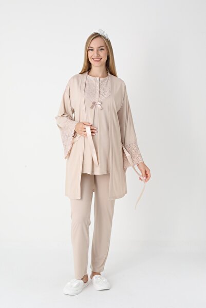 BLACKMORE Women's Beige Special Lace Detailed Winter Maternity Pajama Set with Dressing Gown 3-Piece Set