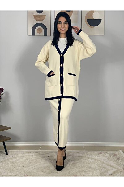 YusGos Women's Striped Detail Gold Buttoned Oversized Cardigan Skirt Set