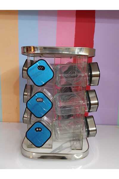 DEKOR ZÜCCACİYE HOME 12-Piece Rotating Stand Metal Lid Glass Spice Set