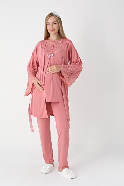 BLACKMORE Women's Salmon Special Lace Detailed Winter Maternity Pajama Set with Dressing Gown 3-Piece Set