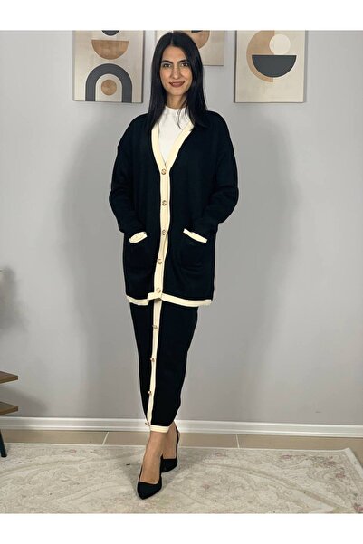 YusGos Women's Striped Detail Gold Buttoned Oversized Cardigan Skirt Set