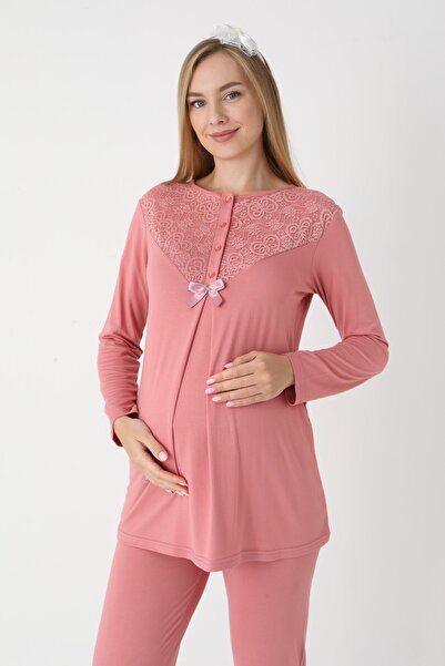 BLACKMORE Women's Salmon Special Lace Detailed Winter Maternity Pajama Set with Dressing Gown 3-Piece Set