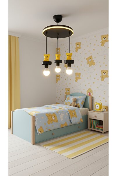 Eyzhen Bebek/Çocuk Odası Sarı Ayıcık Figürlü Neon Ledli 3'lü Sarkıt Avize