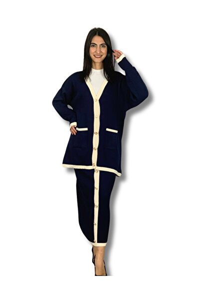 YusGos Women's Striped Detail Gold Buttoned Oversized Cardigan Skirt Set