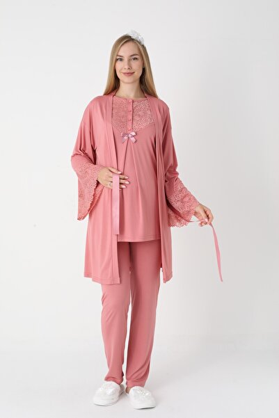 BLACKMORE Women's Salmon Special Lace Detailed Winter Maternity Pajama Set with Dressing Gown 3-Piece Set