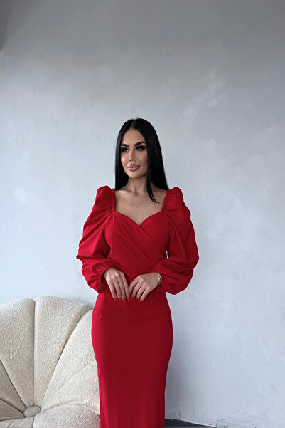 LİLA İSTANBUL Sweetheart Neckline Princess Sleeve Detailed Red Dress