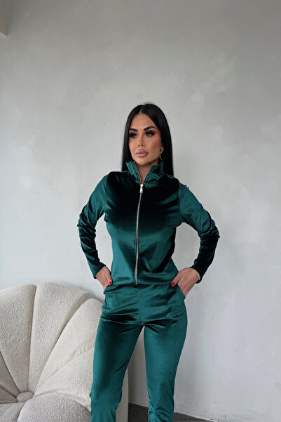 LİLA İSTANBUL Mock Neck Zippered Velvet Tracksuit Emerald Green Set