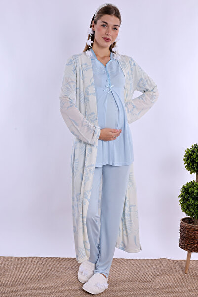 ByLohusa Effortt Maternity Maternity Pajama Set with Blue Dressing Gown