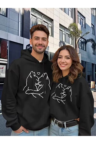 NEVERMIND Dear Lover Combination Oversized Hoodie – Love Cat Printed 3 Thread Unisex Sweatshirt Set of 2