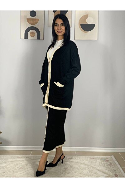 YusGos Women's Striped Detail Gold Buttoned Oversized Cardigan Skirt Set