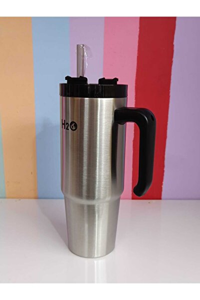 DEKOR ZÜCCACİYE HOME H2O Brand Silver 900 ml Steel Mug Thermos with Handle and Straw