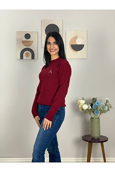 YusGos Women's Teddy Bear Embroidered Cream Knitwear Sweater