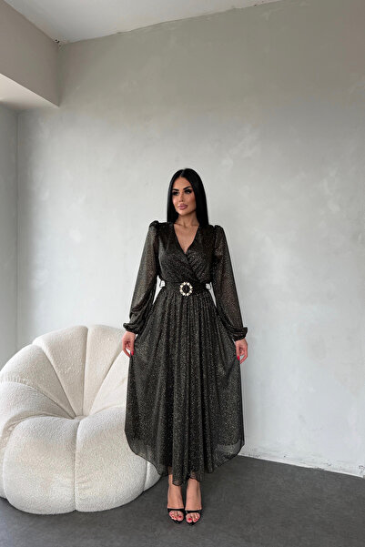 LİLA İSTANBUL Double Breasted Collar Tulle Fabric Belted Evening Dress