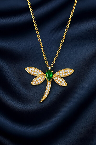 KAR DİAMOND 14 Ayar Altın Zincirli Yeşil Beyaz Zirkon Taşlı Yusufçuk Kolye - Sertifikalı Işıklı Hediye Kutulu