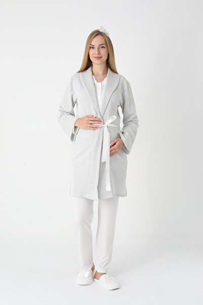 BLACKMORE Women's Ecru Jacquard Shawl Collar Lace Design Winter Maternity Pajama Set with Dressing Gown 3-Piece Set