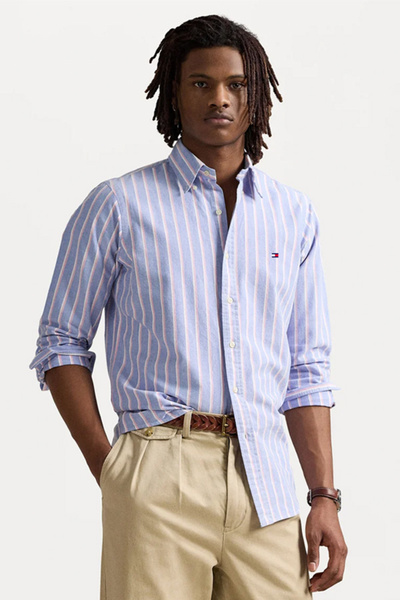 Tommy Hilfiger Men Blue Striped Regular Fit Cotton Shirt