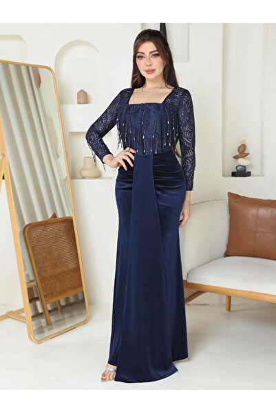Nice Model Navy Blue Velvet Evening Dress Long Sleeve Lace Beaded Formal Gown Mermaid Wedding Party Elegant