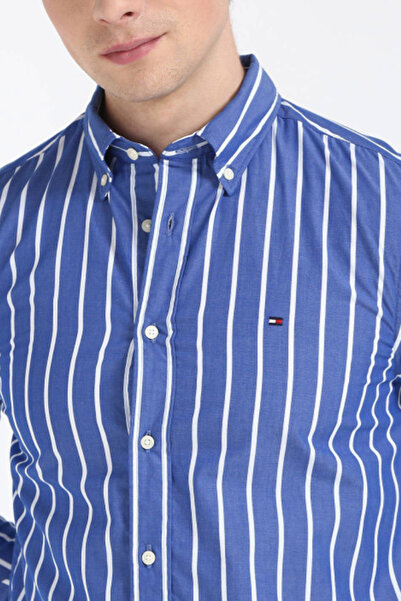 Tommy Hilfiger Men Blue Vertical Striped Cotton Casual Shirt