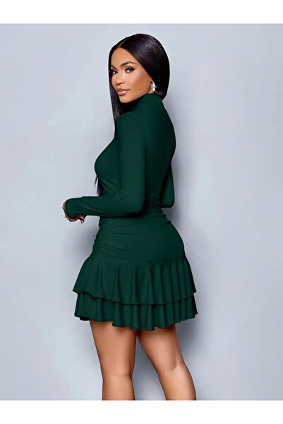 Sisa Butik Kadın Uzun Kollu Balıkçı Yaka Mini Fırfırlı Sandy Elbise